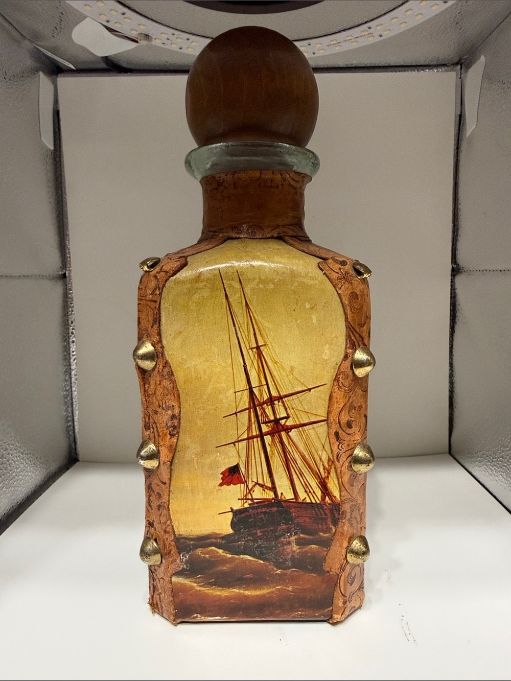 Vintage Leather Wrapped Ship-Print Glass Bottle with Wood Stopper - Golden Brown
